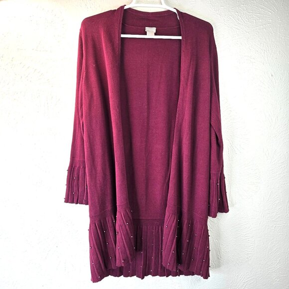 Chico's Cardigan Sweater Pearl Beaded S Burgundy Red Open Front Formal Drape Top - Picture 1 of 11